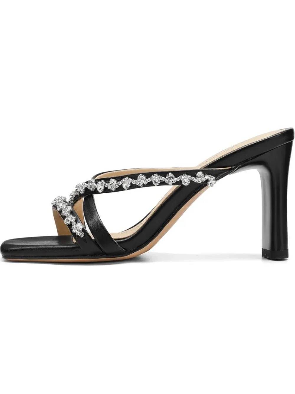 Women's Black Slip On Chunky Heels Square Open Toe Heeled Sandals 3.2 Inch Heels